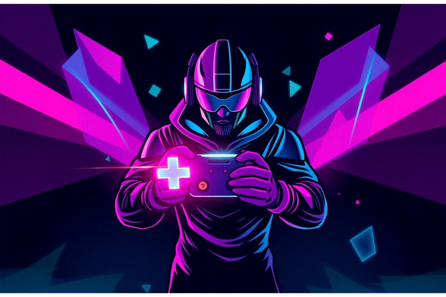Neon gamer holding a glowing controller